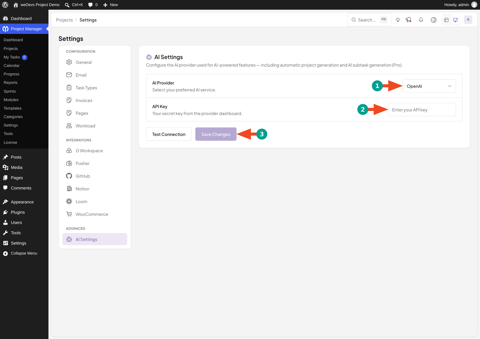 WP Project Manager AI Settings with the AI Provider dropdown, API Key field, and Save Changes button highlighted