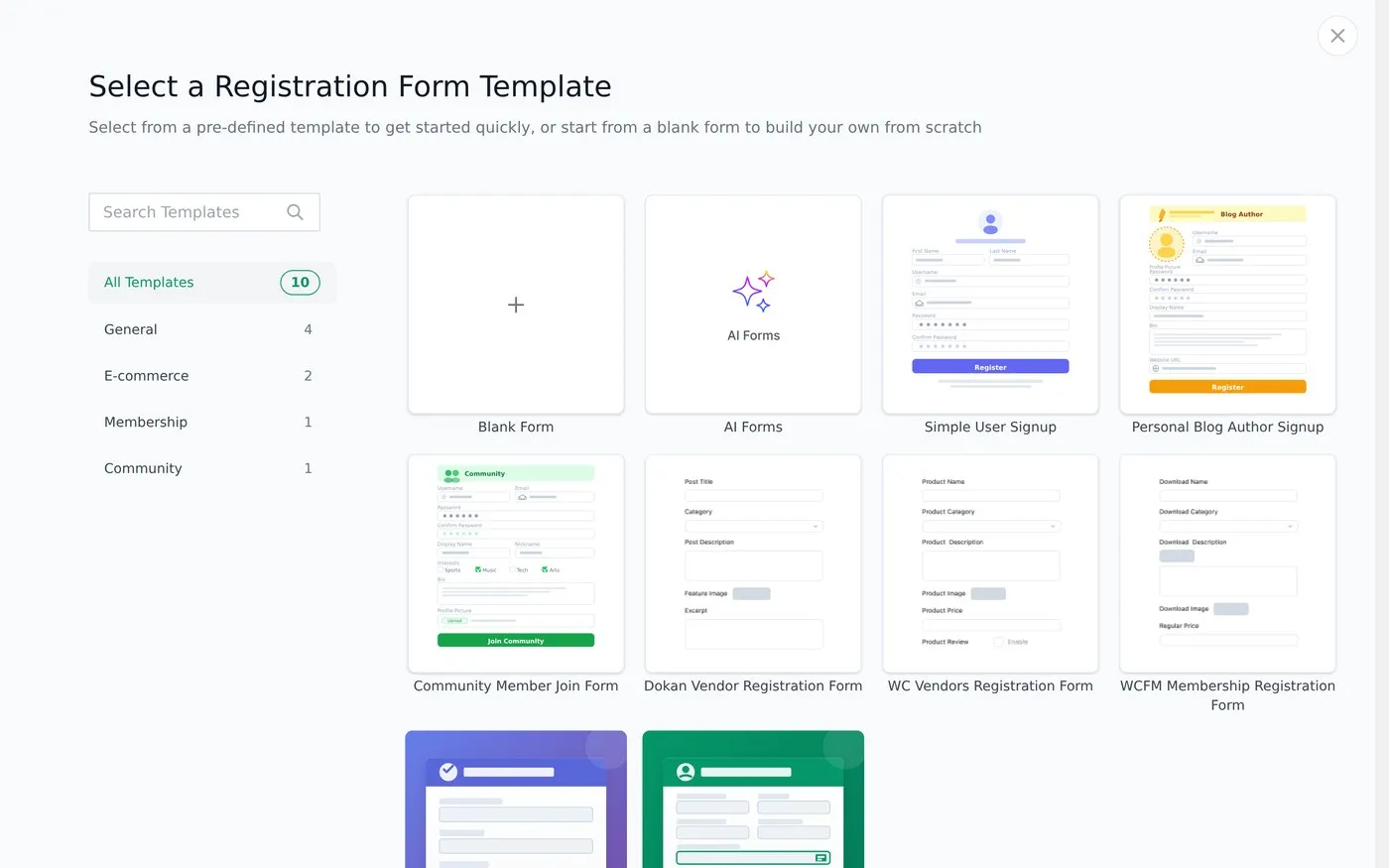 The WP User Frontend registration form template picker showing ten templates including Dokan Vendor Registration Form
