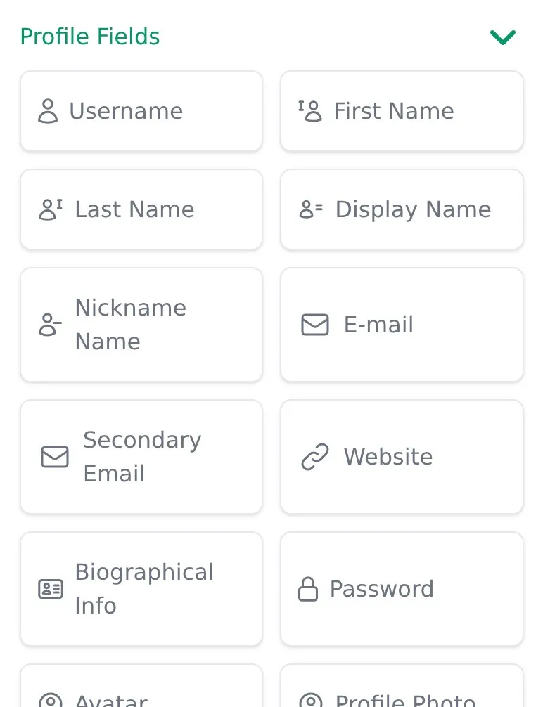 The Profile Fields panel in the WPUF form builder listing available fields