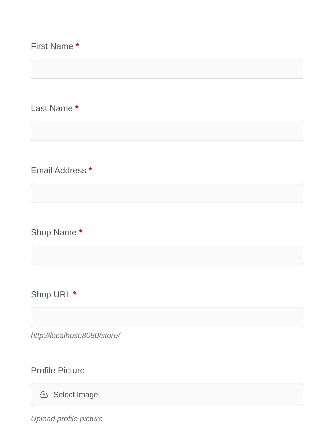 The published vendor registration form as a visitor sees it