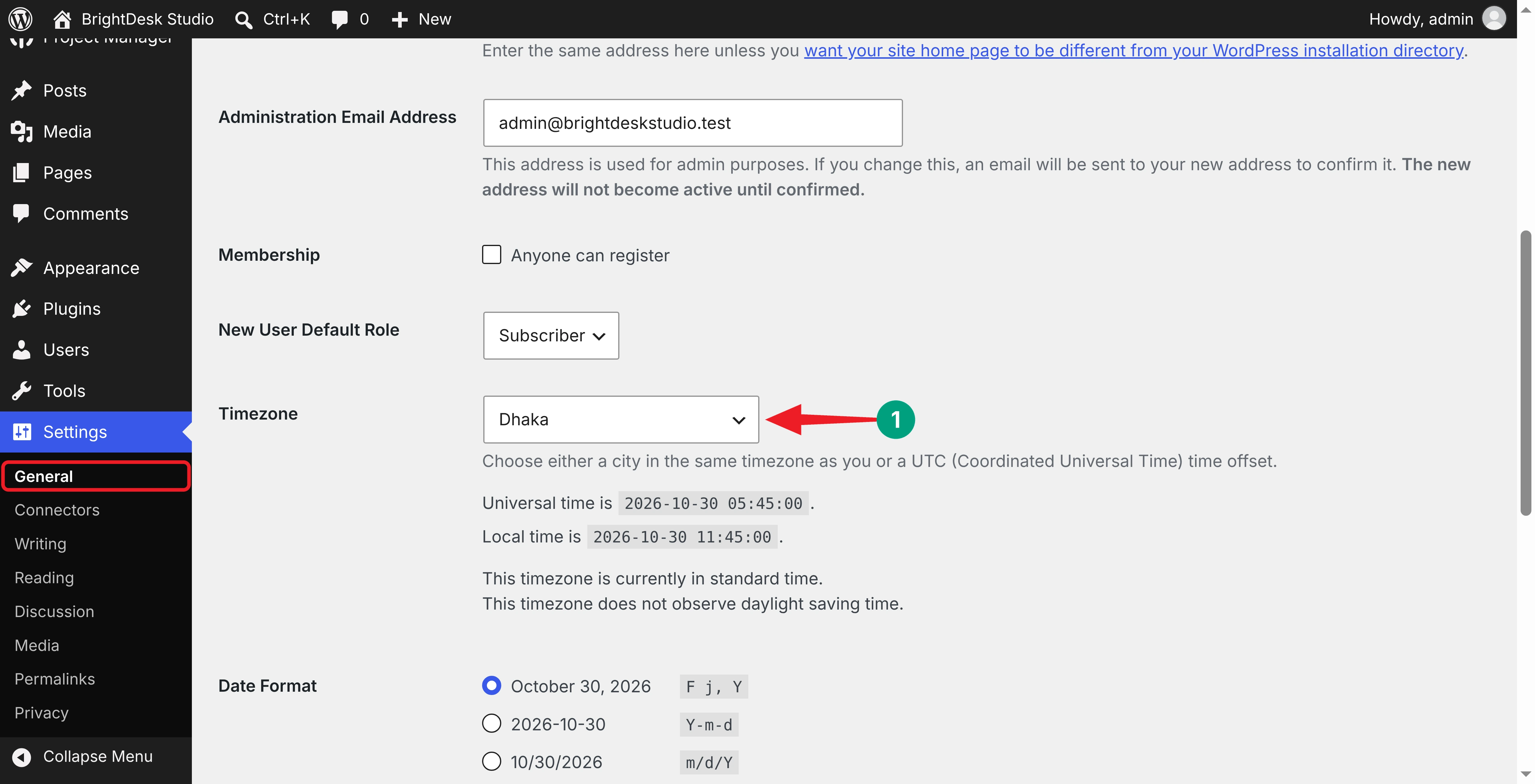 WordPress General Settings with the Timezone set before scheduling recurring tasks