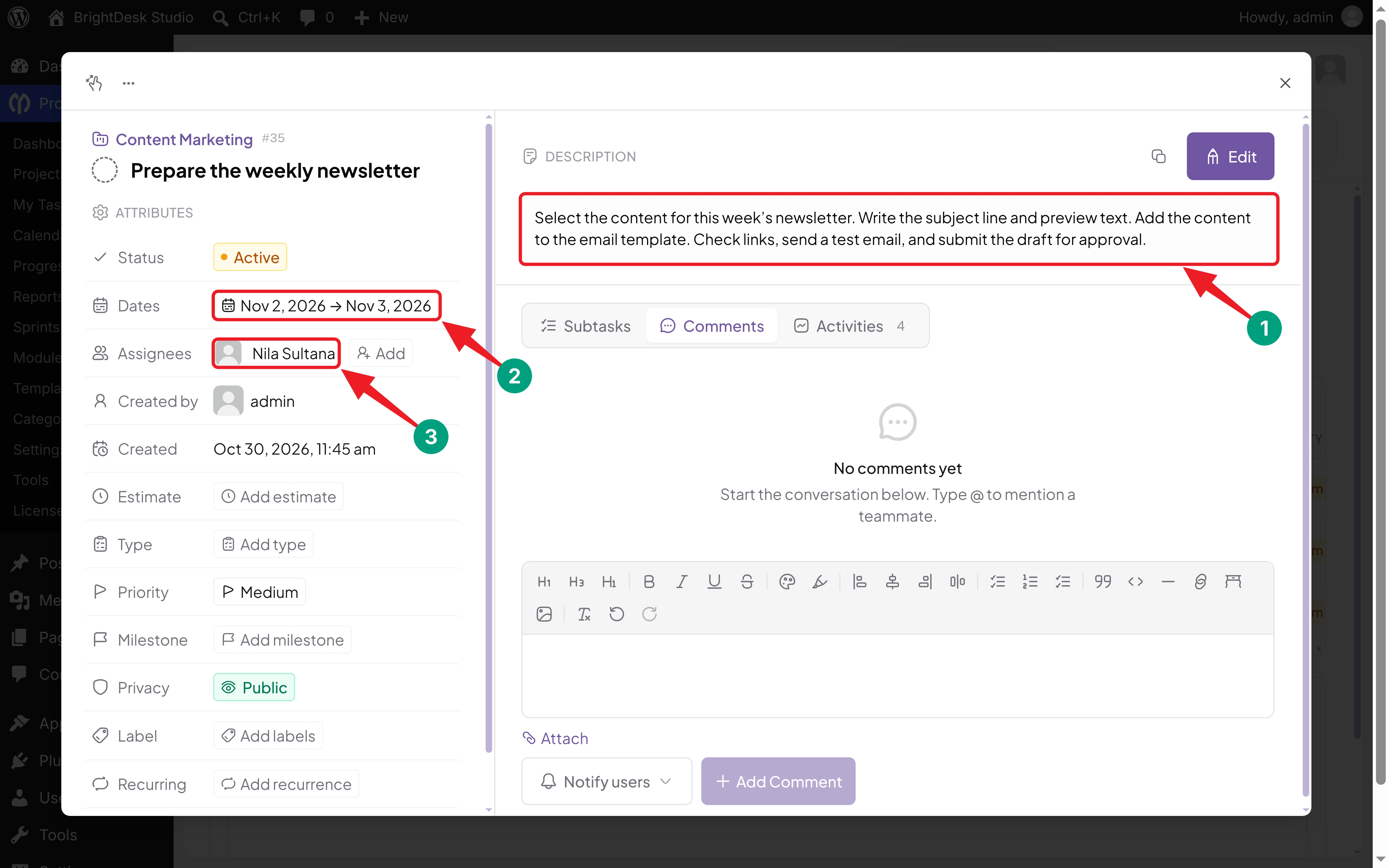 Source task in WP Project Manager with its description, start and due dates, and assignee set