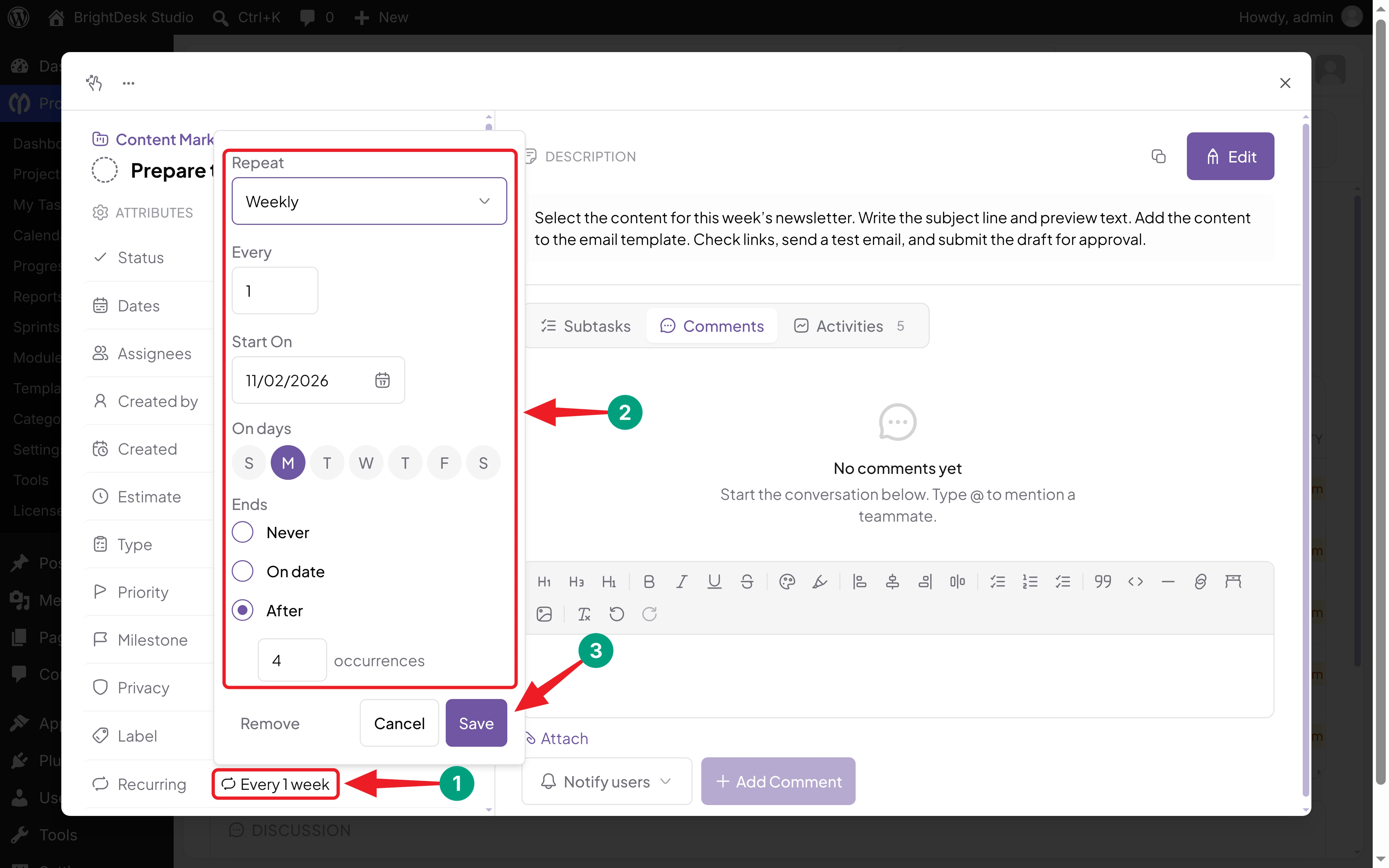 Editing an existing recurring task schedule in WP Project Manager from the Every 1 week summary