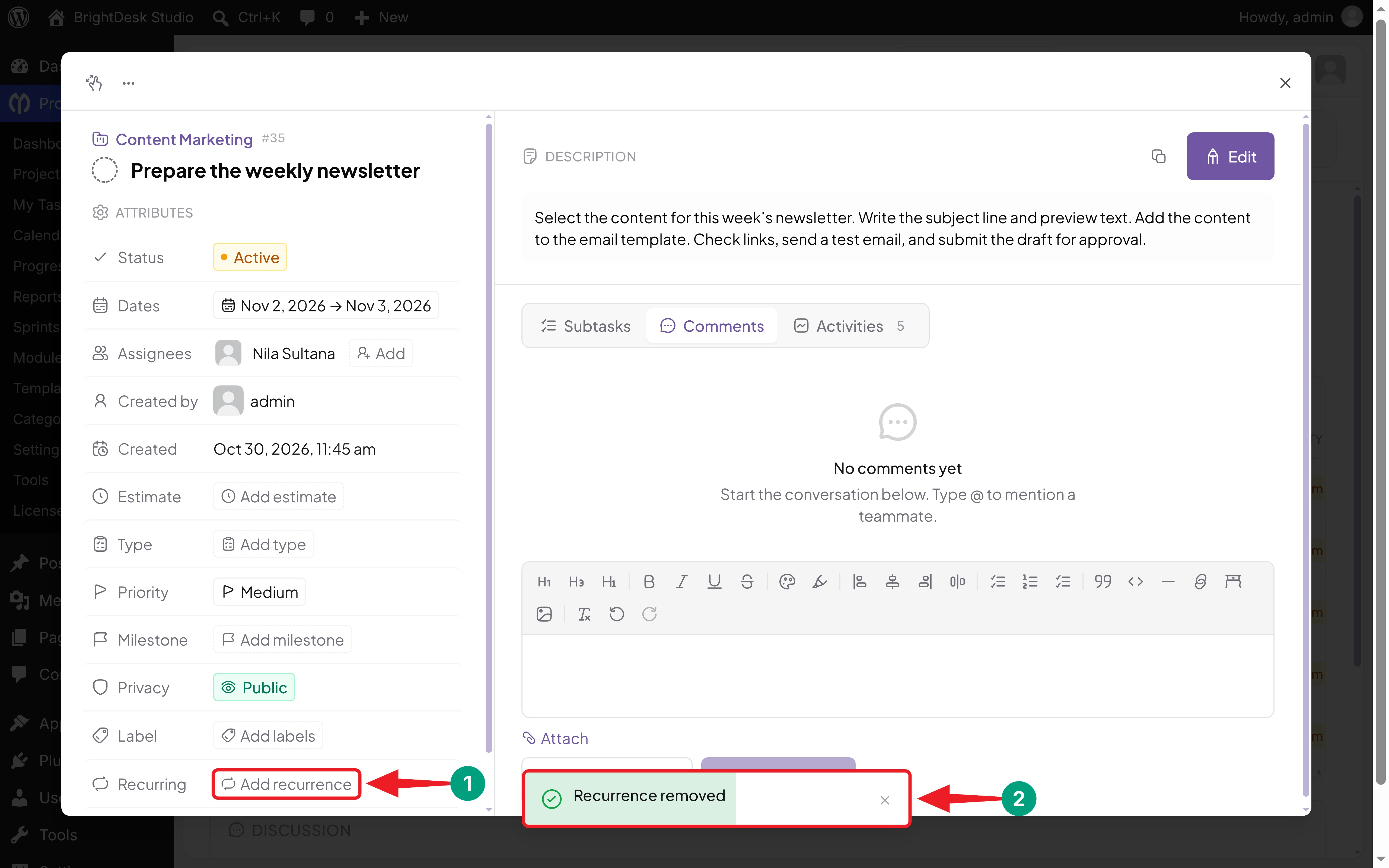 Recurrence removed message in WP Project Manager with the Recurring attribute reset to Add recurrence