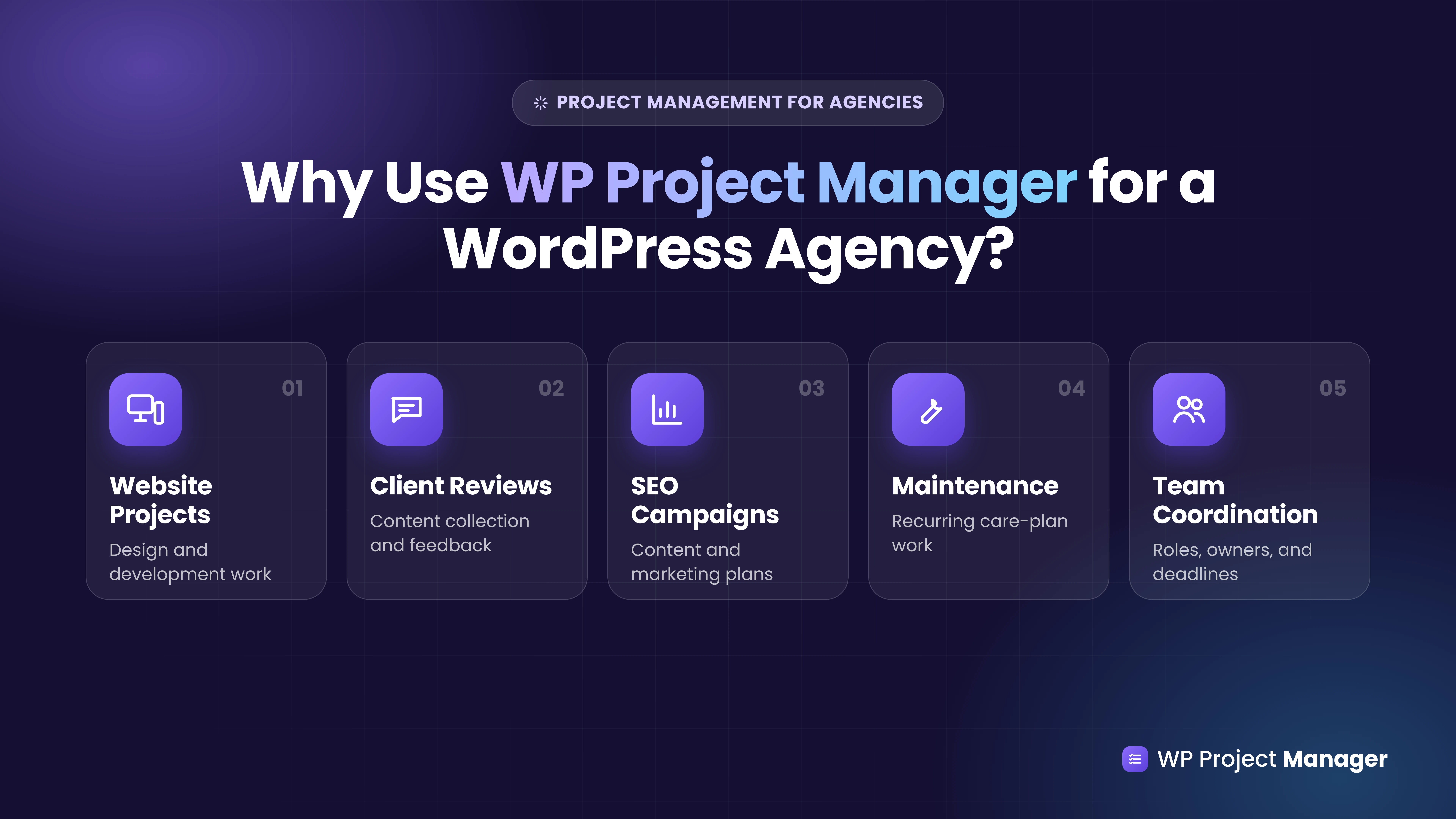 Why use WP Project Manager for a WordPress agency: website projects, client reviews, SEO campaigns, maintenance, and team coordination
