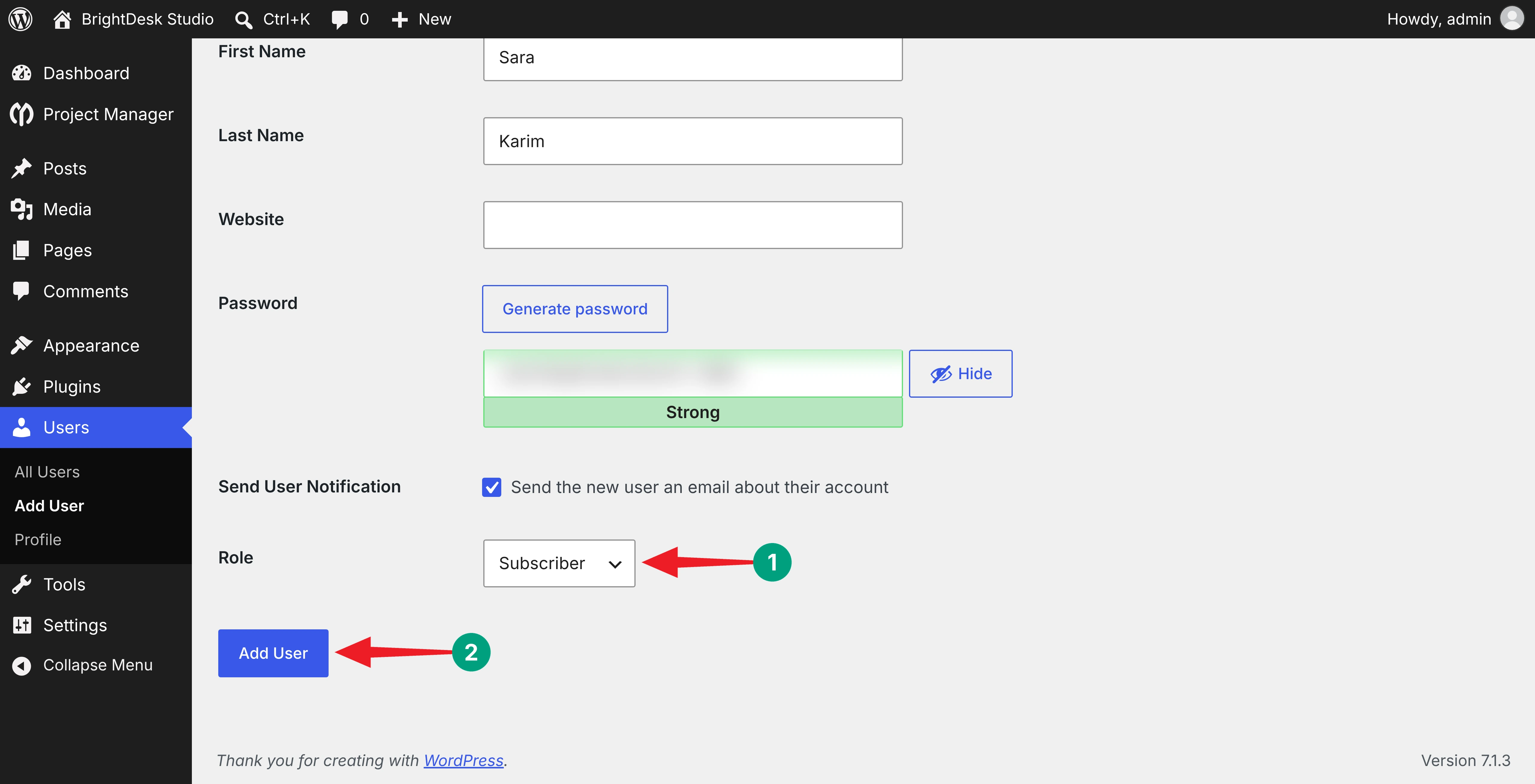 Subscriber role selected on the WordPress Add User screen with the Add User button