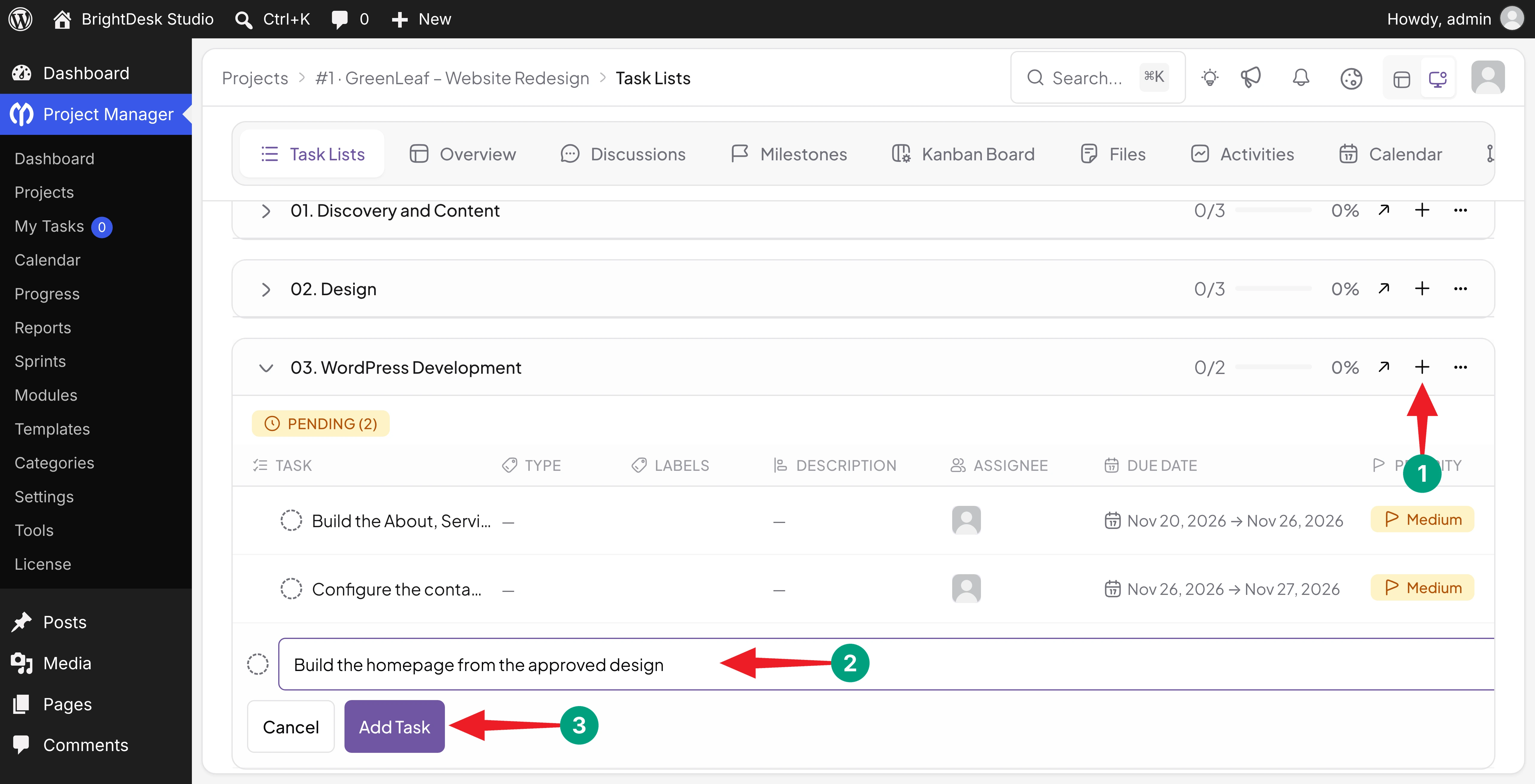 Adding a task to the WordPress Development task list