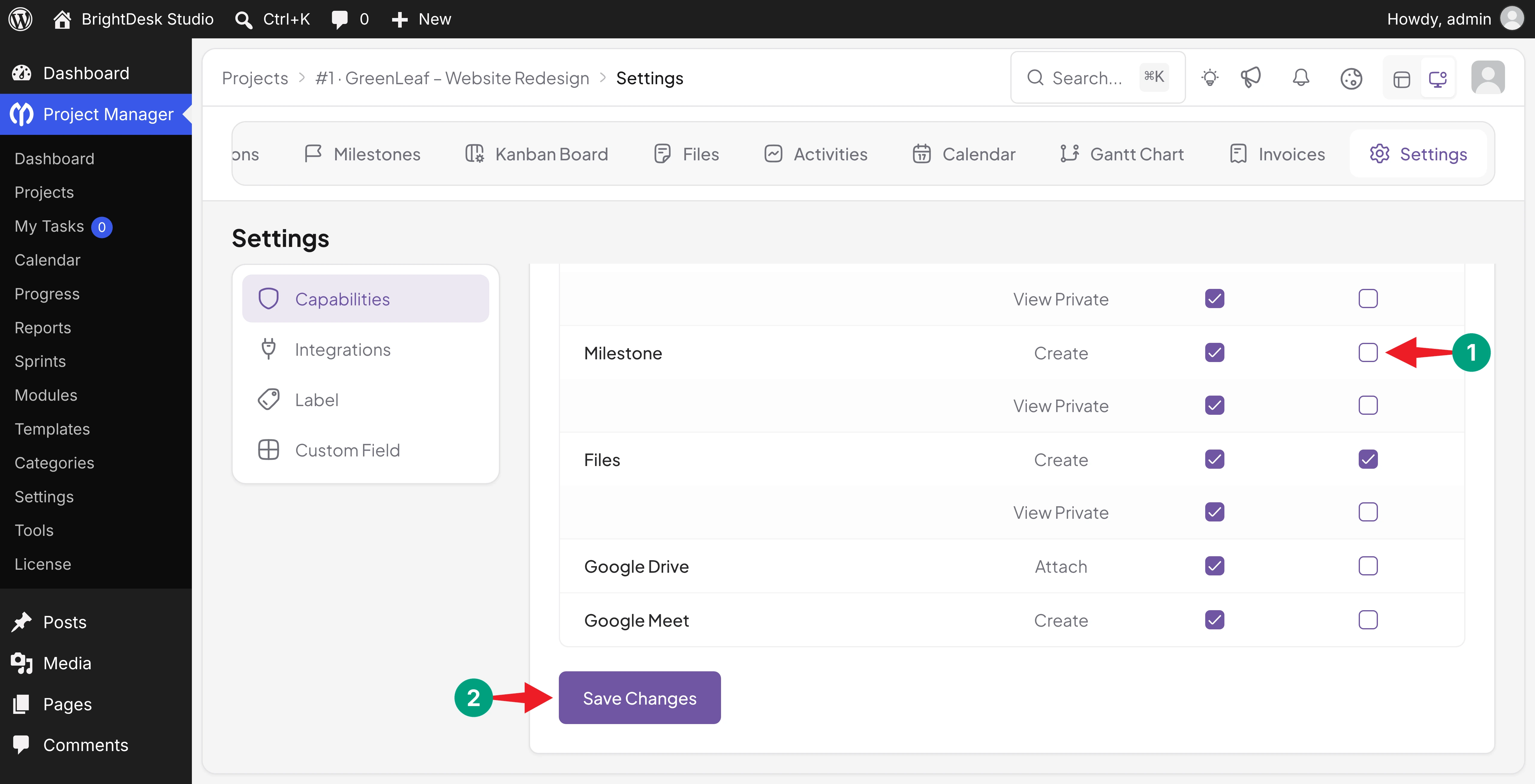 Client Create permission turned off for Milestone before saving the Capabilities settings