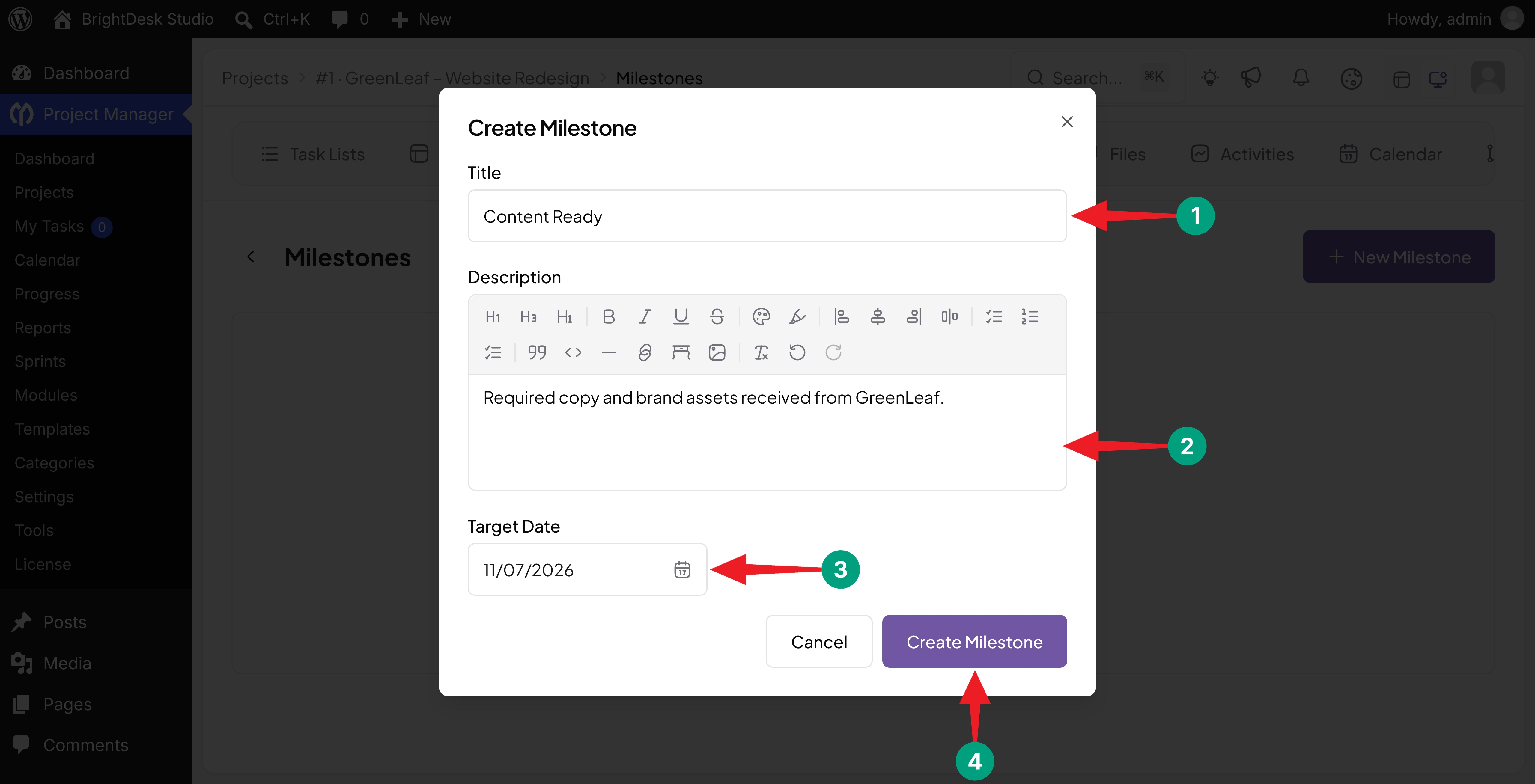 Create Milestone popup with title, description, and target date