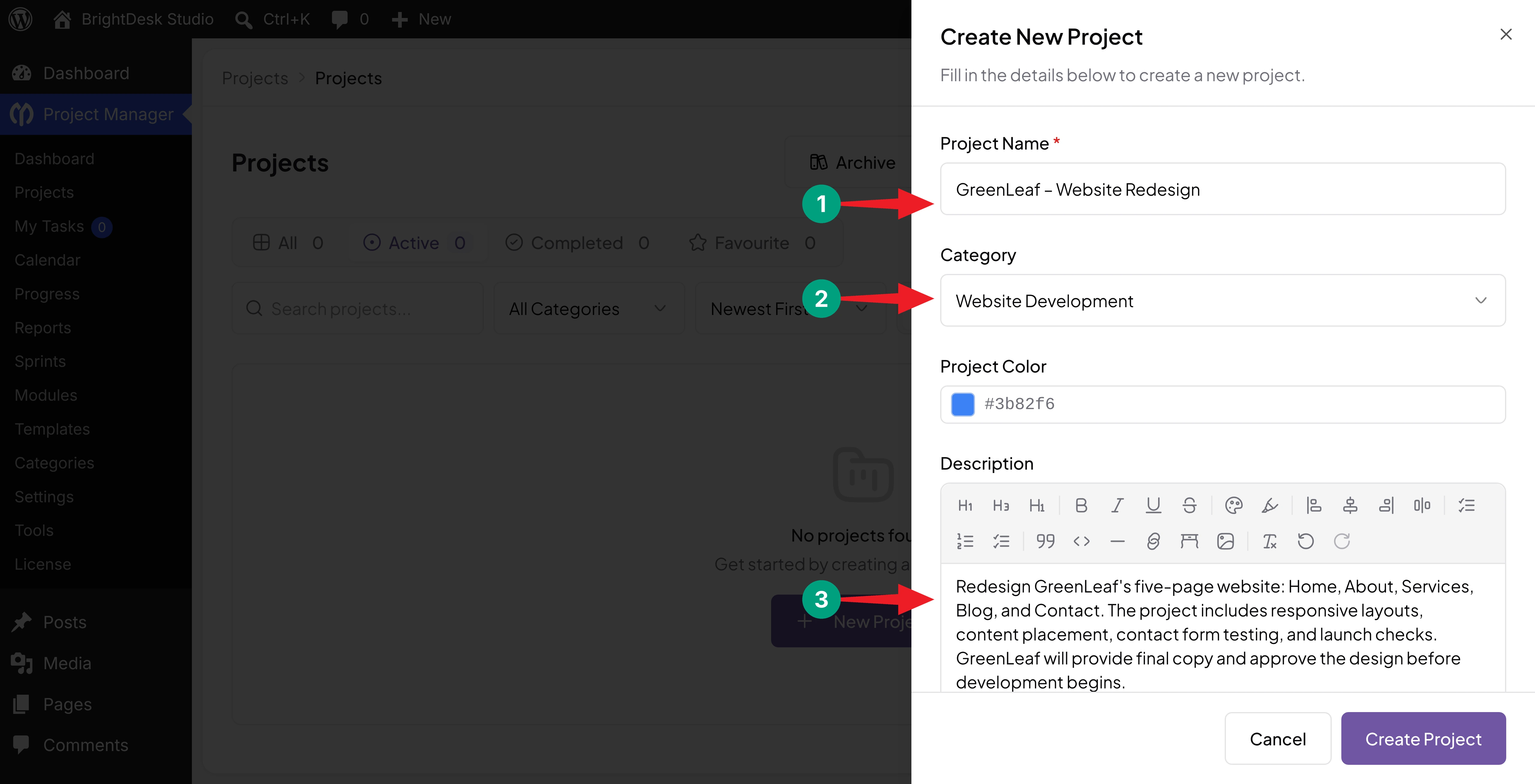 Create New Project panel with the project name, category, and description filled in