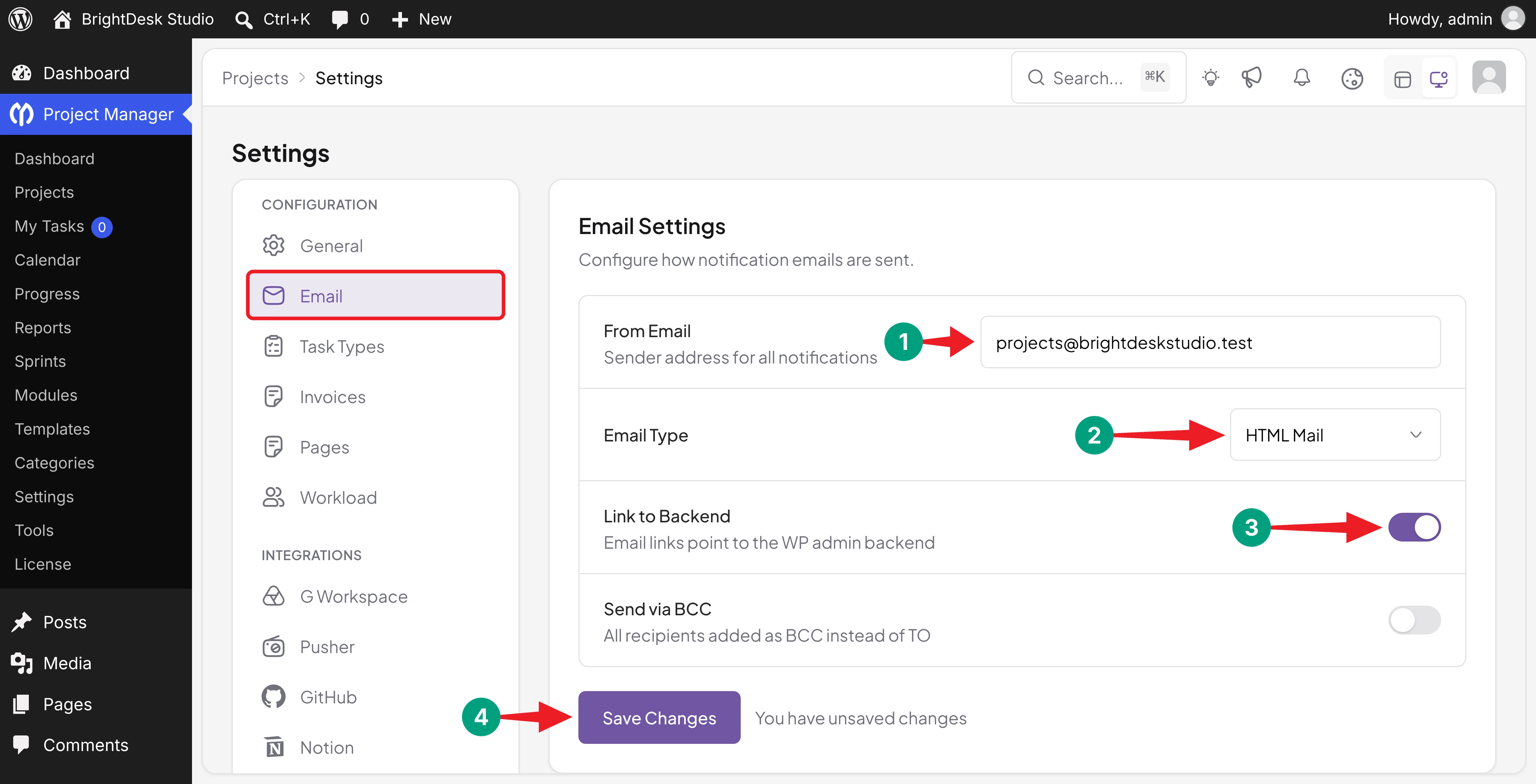 Email Settings in WP Project Manager with From Email, Email Type, Link to Backend, and Send via BCC