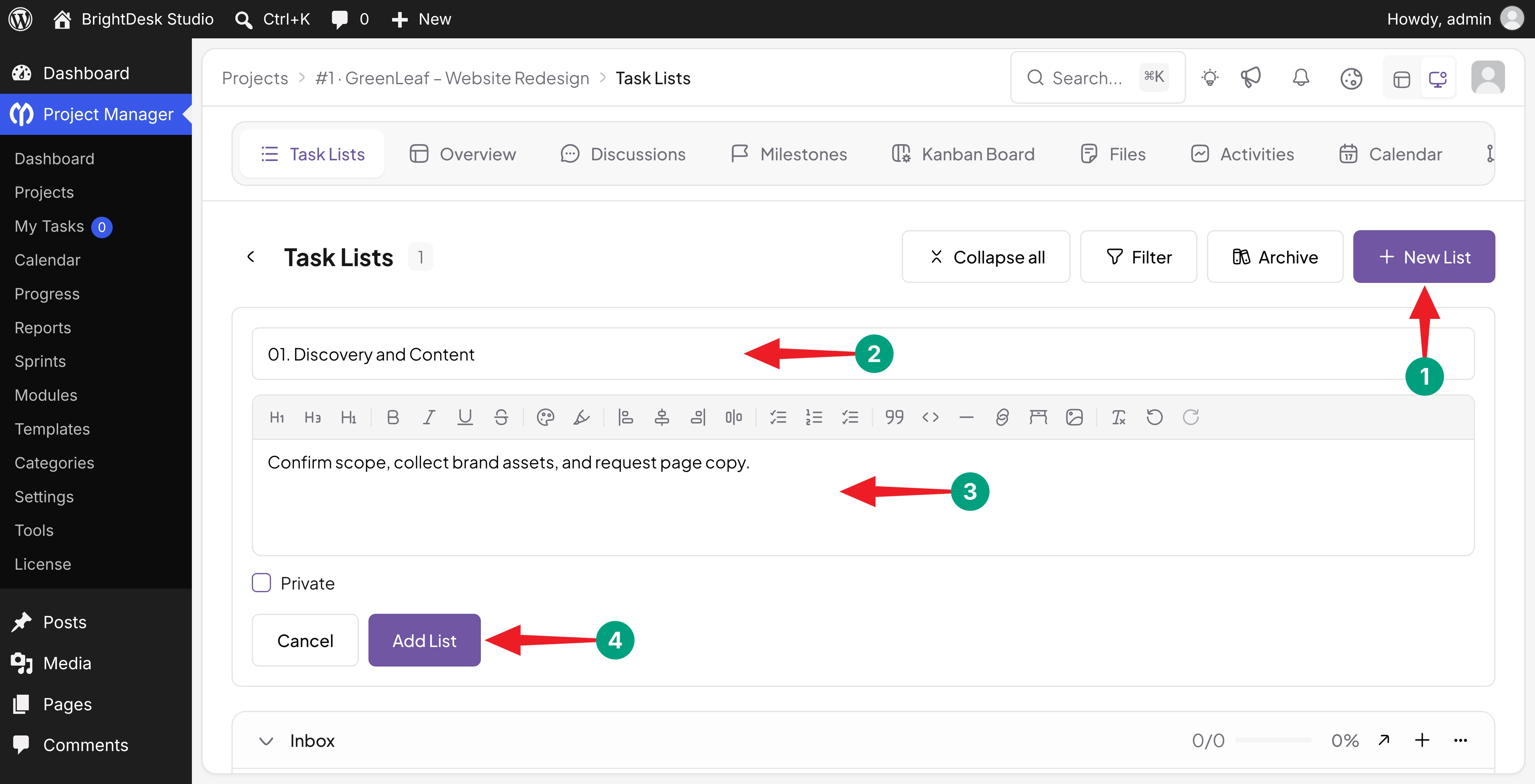 New List form on the Task Lists tab with a name and description