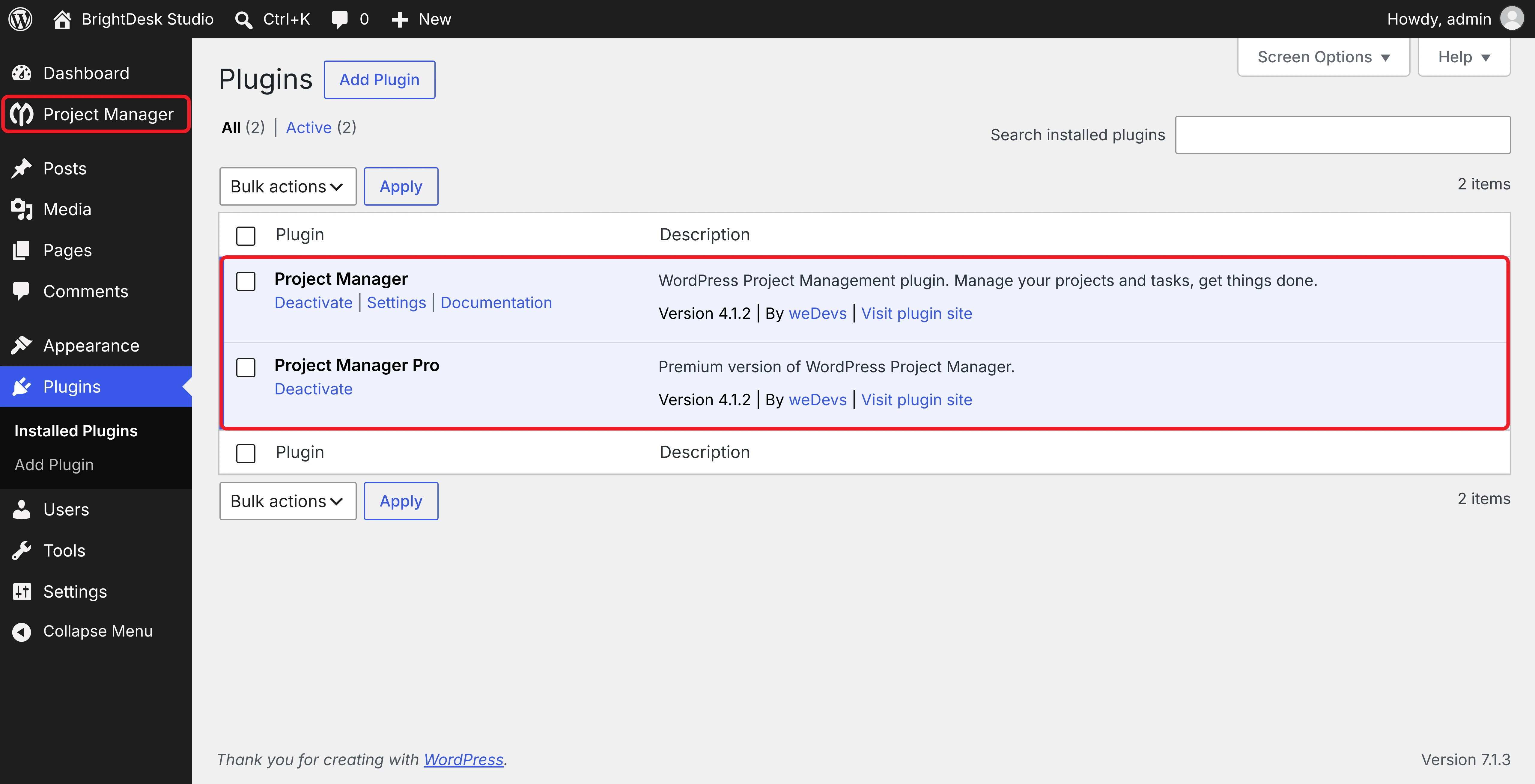 Project Manager and Project Manager Pro both active on the WordPress Plugins screen