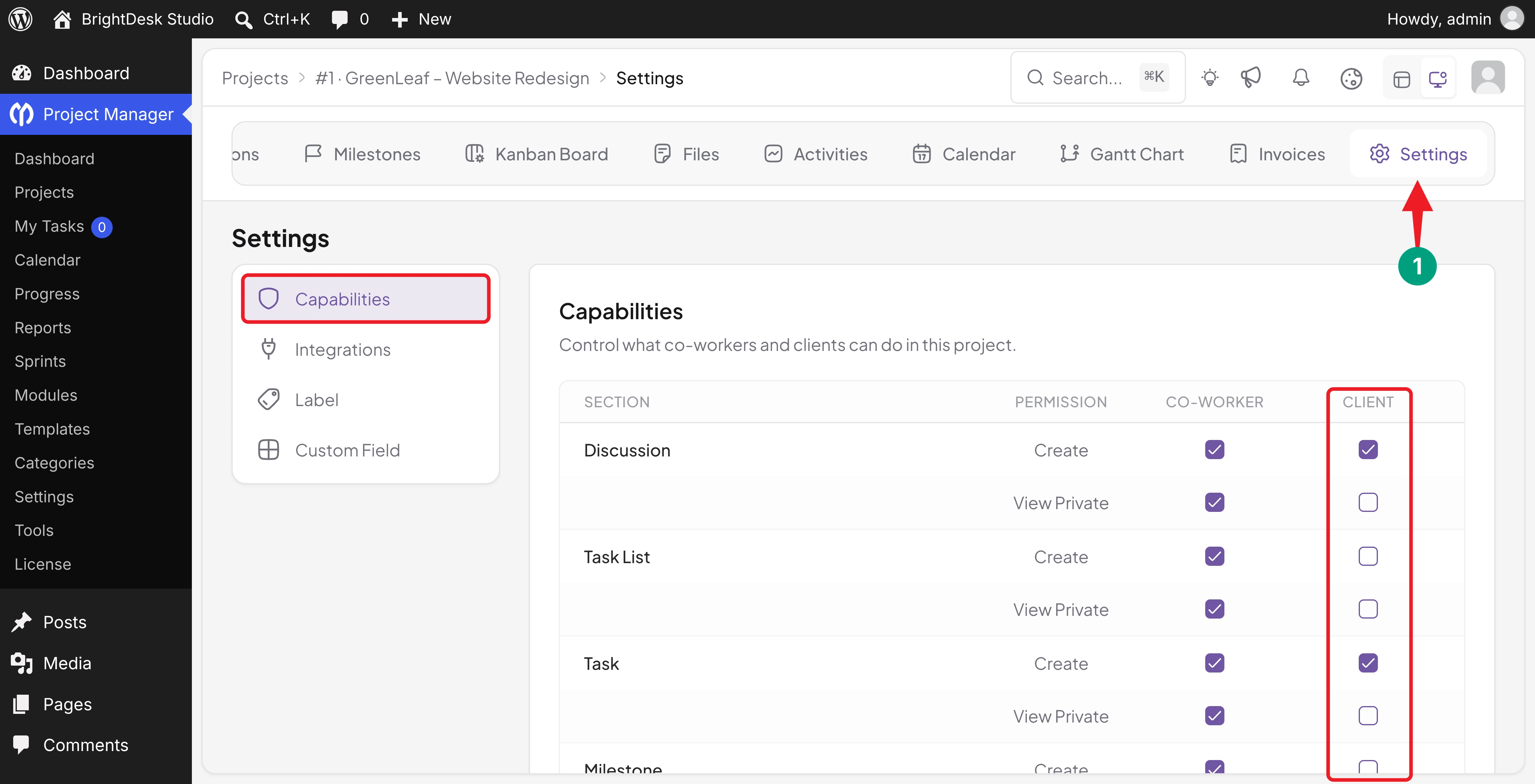 Capabilities settings for co-workers and clients in a WP Project Manager project