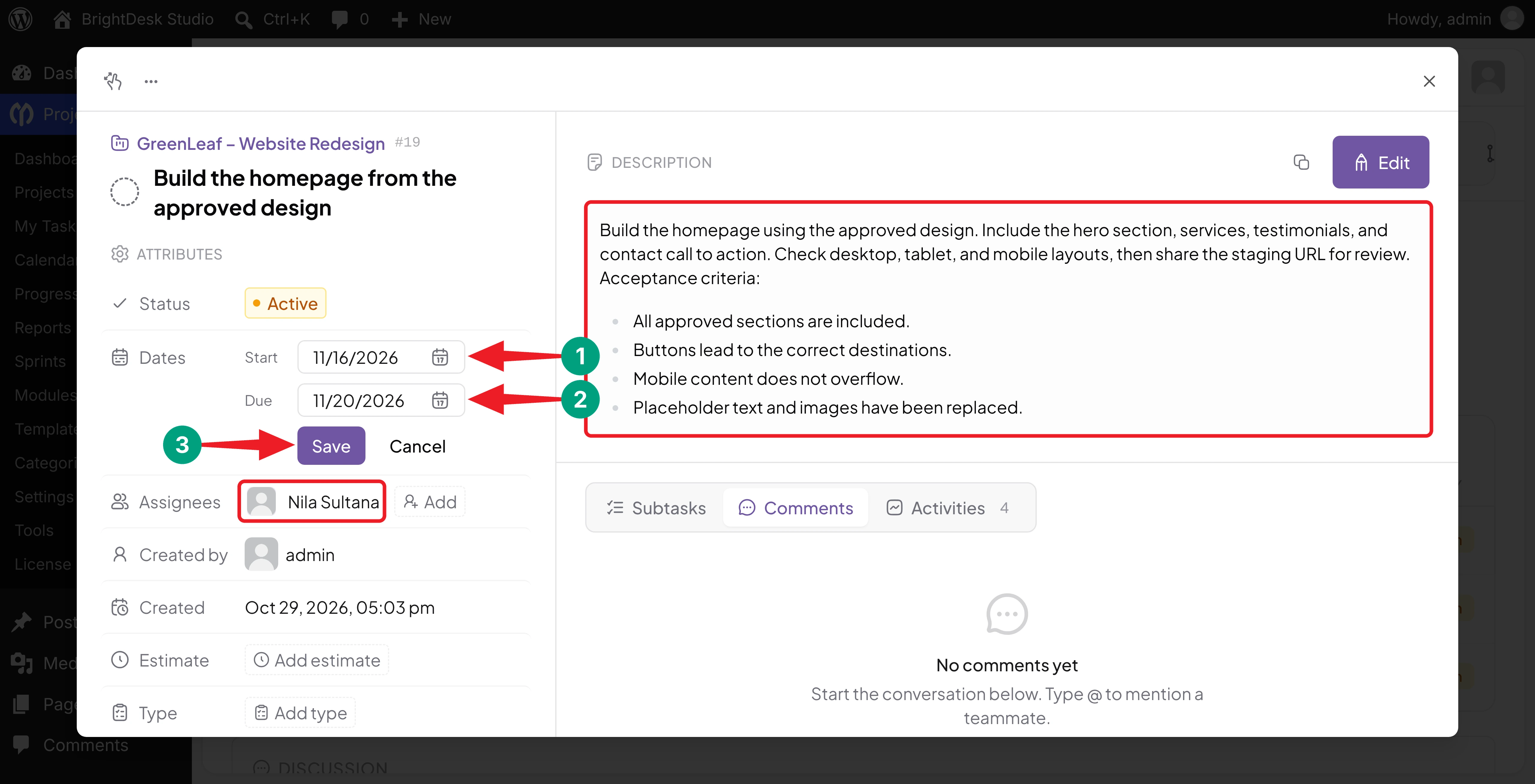 Task with an assignee, start and due dates, and a description with acceptance criteria