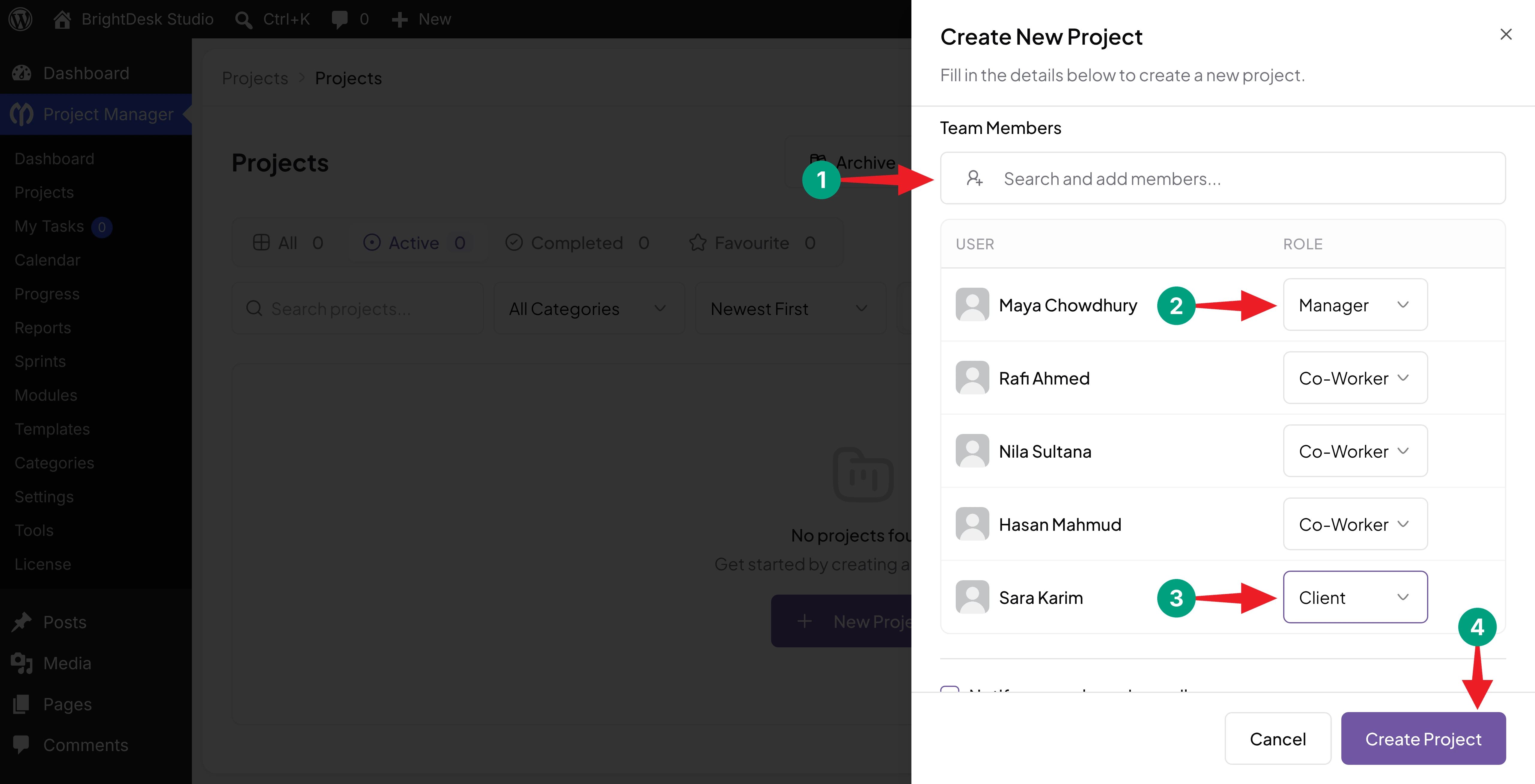 Team members added with Manager, Co-Worker, and Client roles before clicking Create Project
